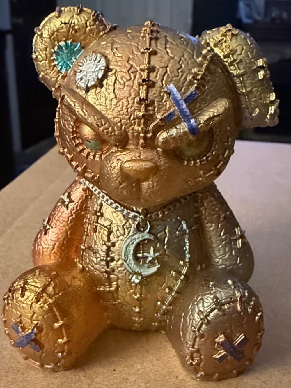Resin Gold “Stitched Teddy Bear” Figurine with Moon Pendant